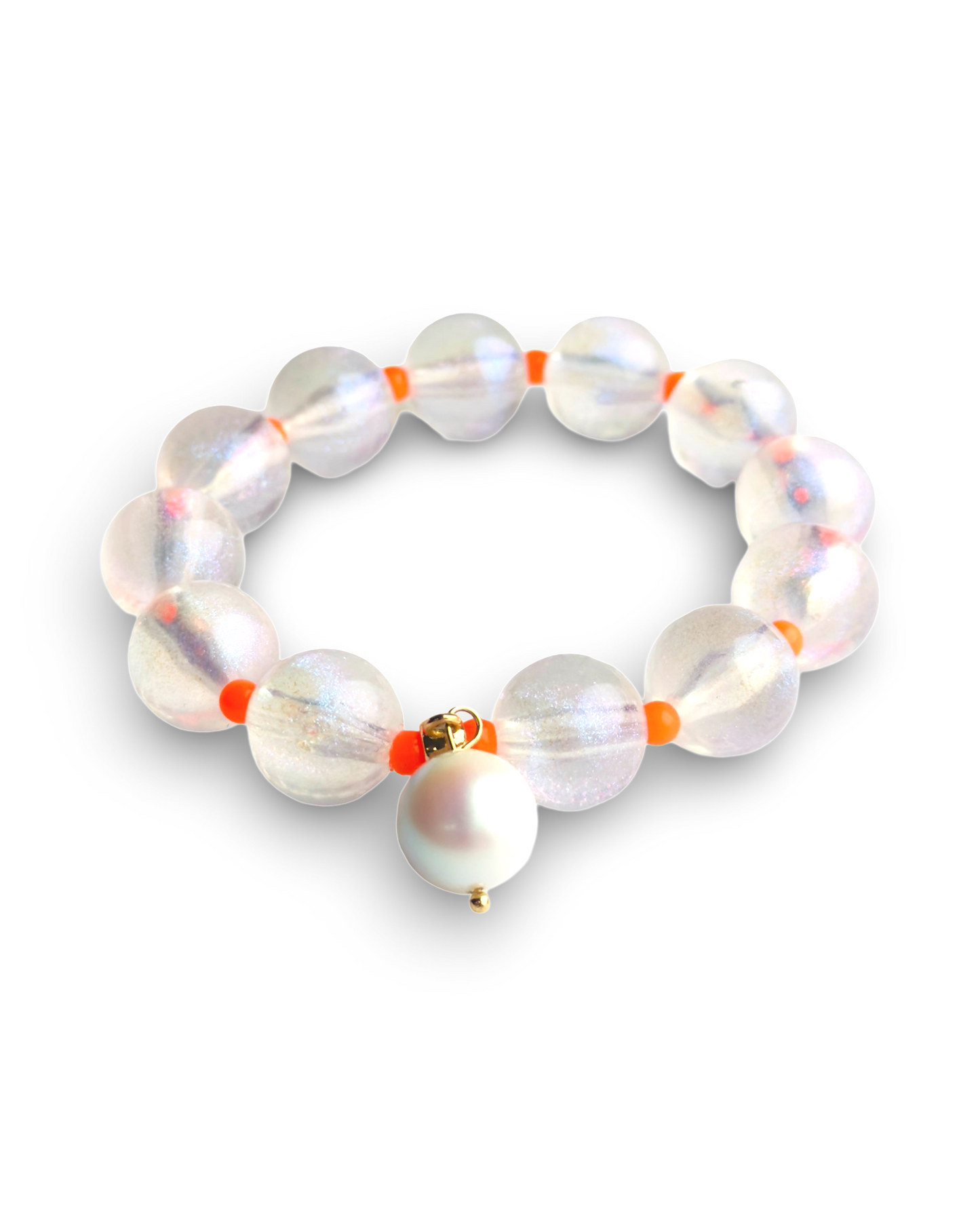 Pop icicle white + neon orange beaded bracelet, white pearl charm