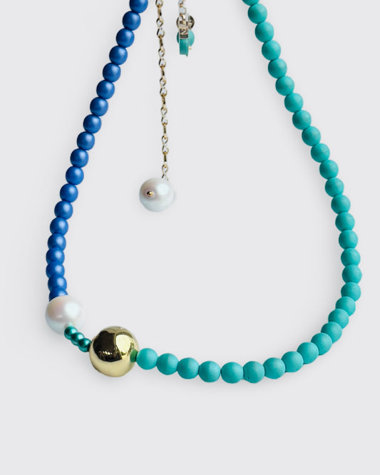 Petallic blue ocean crystal gold multi wear necklace