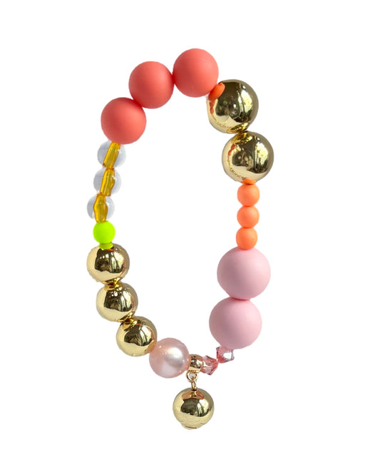 Kitty kiss pretty in pink crystal, gold, vintage + silicone beaded bracelet, drop gold charm