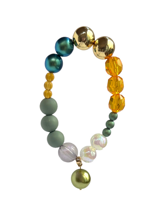 Mimi luxe peacock green, neon pop crystal, gold beaded bracelet, drop crystal pearl charm