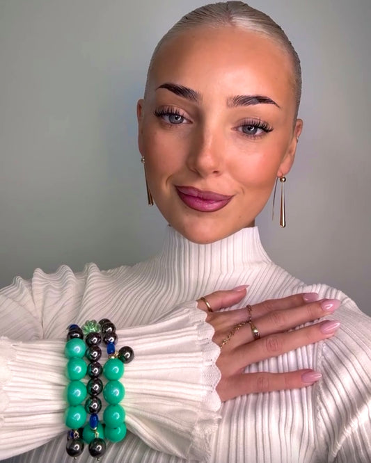 Lottie gloss French green, crystal + vintage beaded, drop crystal pearl charm bracelet