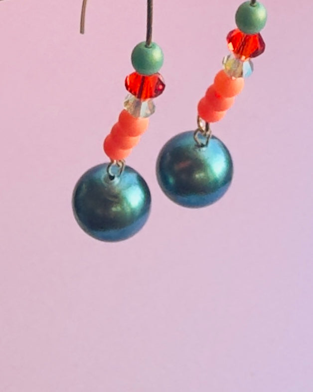 Kelly deep turquoise pearl + soft peach crystal drop earrings