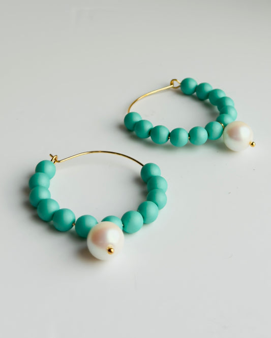 Candy Land turquoise Crystal pearl hoop earrings