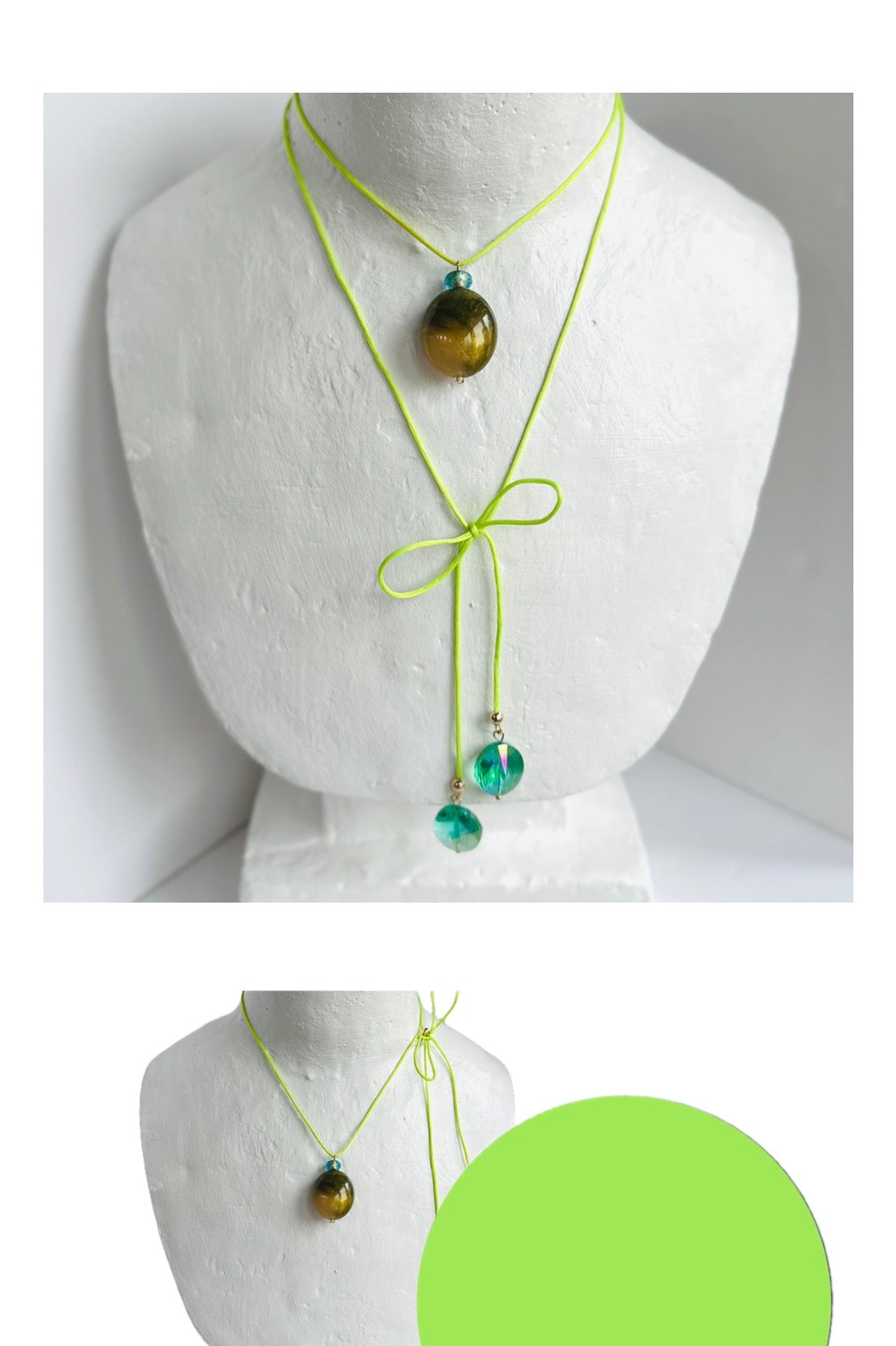 Ali drop beaded lime silk cord wrap necklace