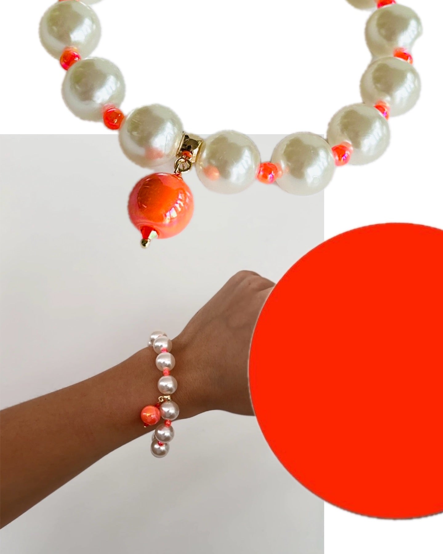 Beau Pearl + neon orange bracelet, orange drop charm