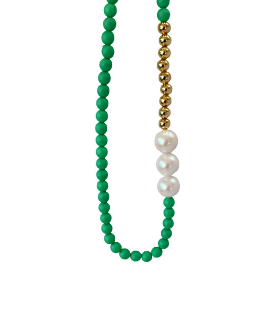 Bonnie bell French green + white crystal pearl + gold necklace