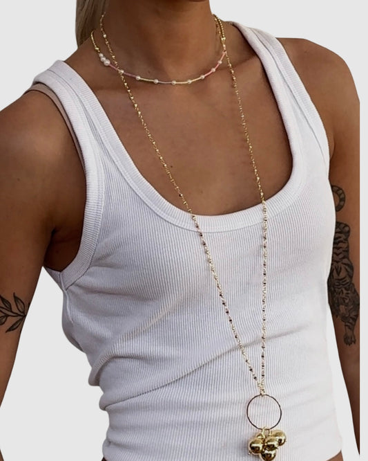 Gayle long drop gold beaded pendant necklace
