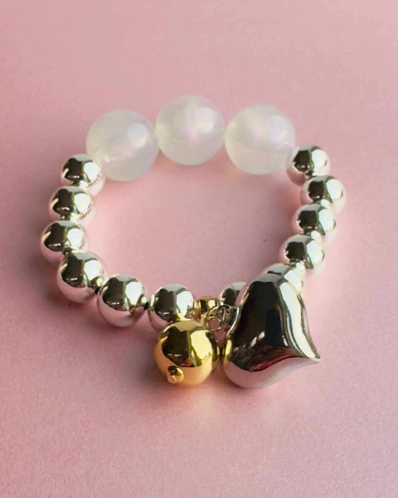 Sweetheart silver beaded bracelet, love heart + ball charms