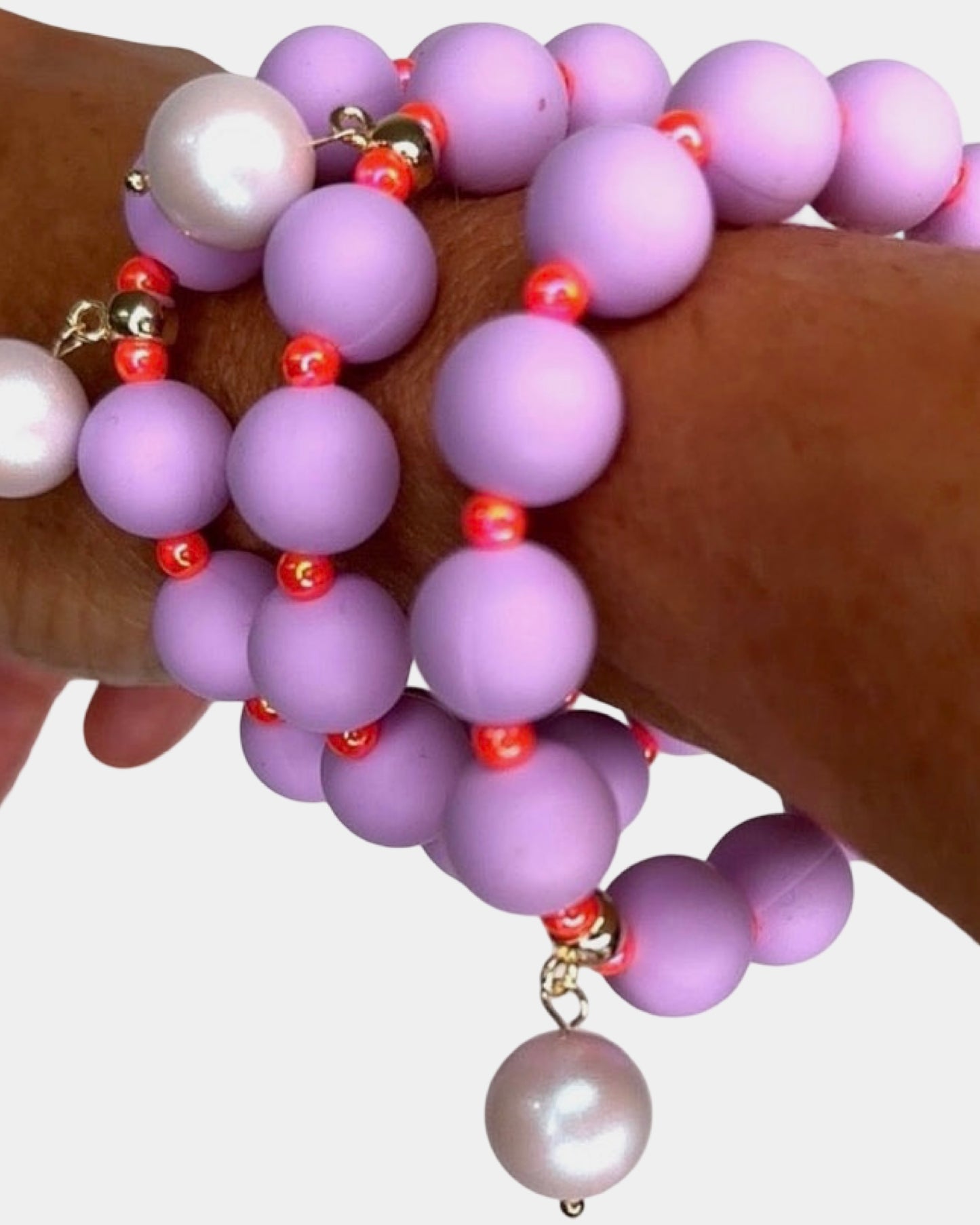 Beau lilac + neon orange beaded bracelet, Austrian crystal drop charm