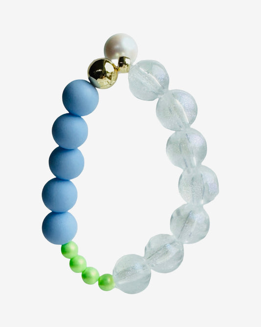 Sweetie pie, true blue, lime crystal  pearl, iridescent beaded bracelet, pearl crystal charm