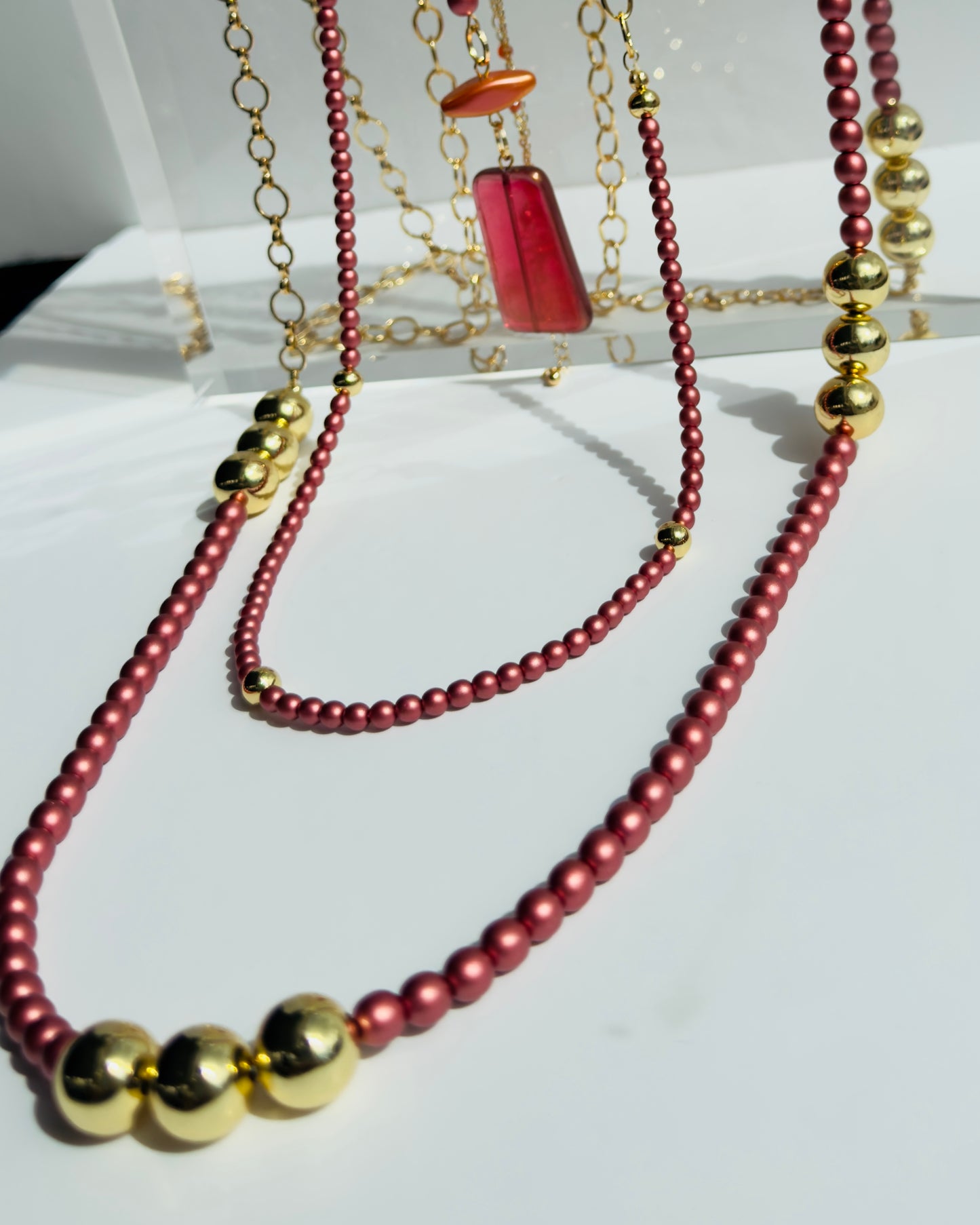 Barberella cranberry pearl gold long multi wear necklace