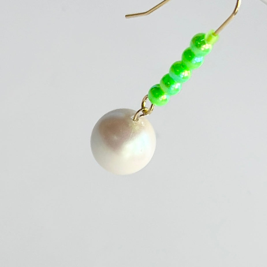 Pearl + neon green drop earrings