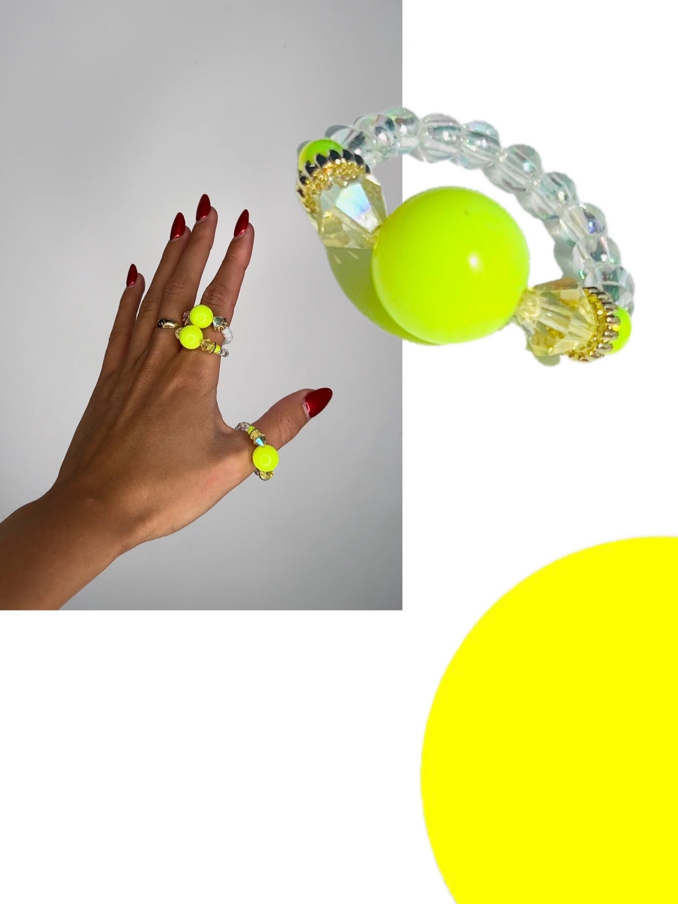 Neon pop yellow beaded + crystal ring