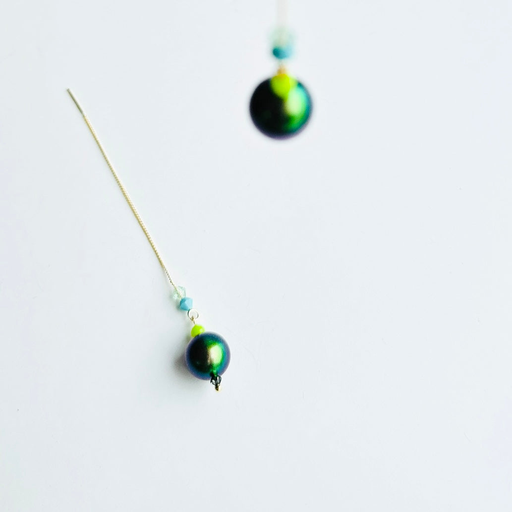 Petra Iridescent deep green + crystal threader earrings