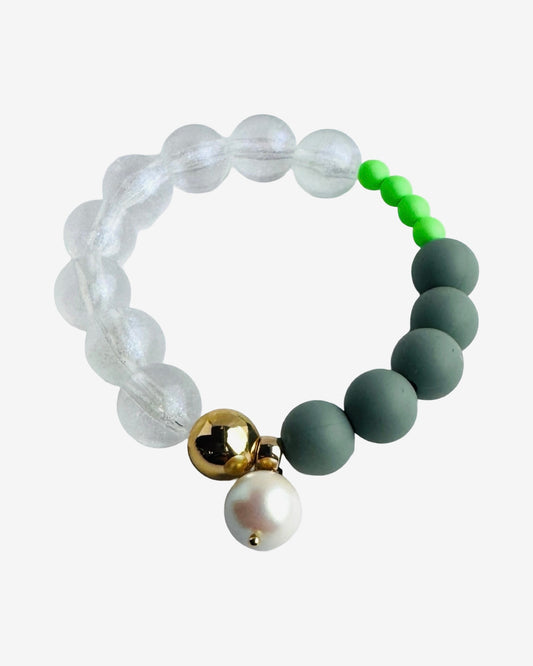 Sweetie pie cobalt grey, bright green crystal pearl iridescent beaded bracelet, crystal drop pearl charm