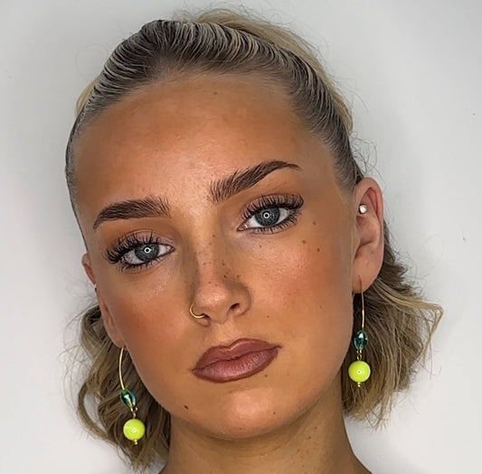 Bobbi drop earrings in neon lemon + turquoise crystals