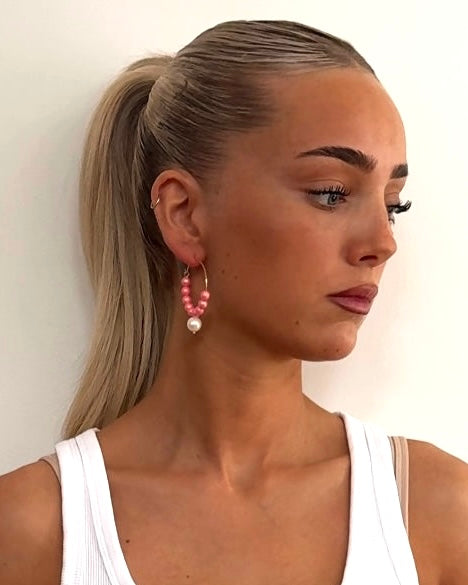 Candy land  pink crystal pearl hoop earrings