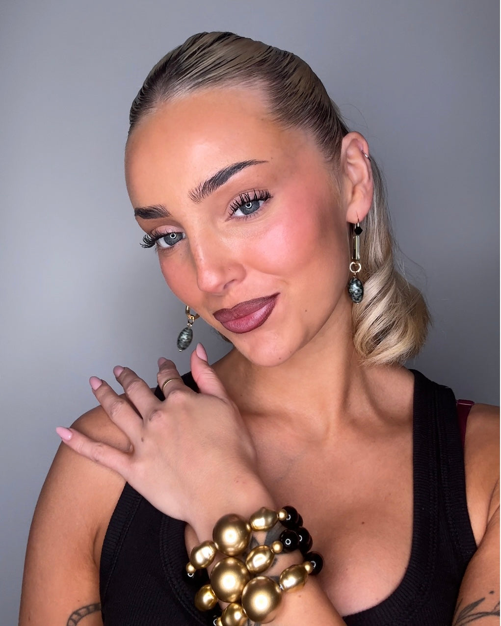 Charlotine jet magic, gold, crystal drop pearl earrings