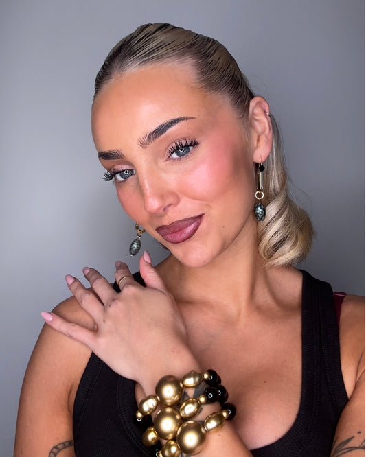 Charlotine jet magic, gold, crystal drop pearl earrings