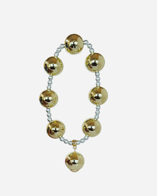 Penny plum gold + silver crystal pearl bracelet, gold drop charm
