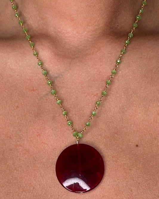 Symi beaded necklace, deep burgundy disc pendant