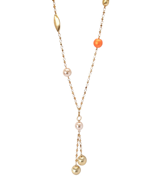 Queenie soft pink, soft neon orange and gold drop necklace