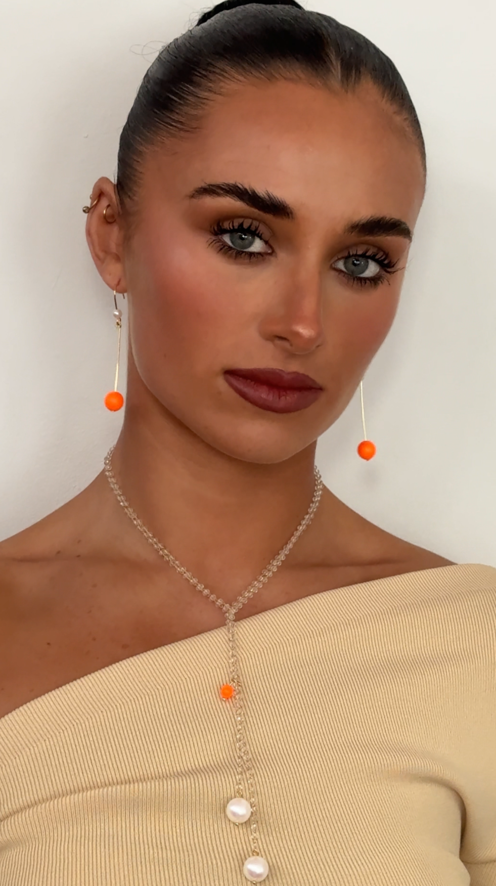 Serene neon orange + white pearl drop earrings