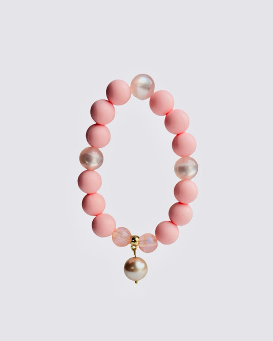 Crumpet pink petal beaded bracelet, crystal pearl charm