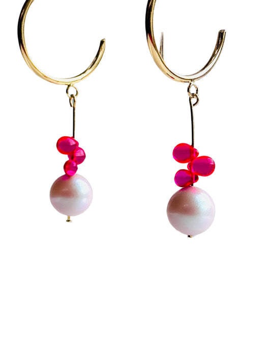 Ballerina girl pink pearl drop hoop earrings