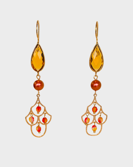 Bombay drop semi precious gem earrings in burnished orange