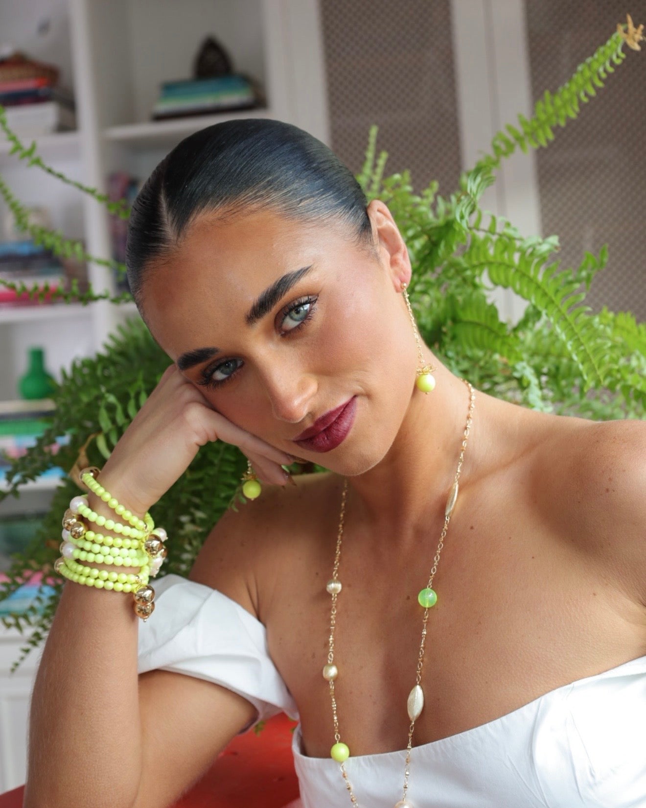 Queenie gold, soft pink + soft neon yellow long drop necklace