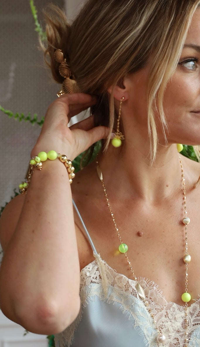 Jennie soft neon yellow pearl + gold drop earrings