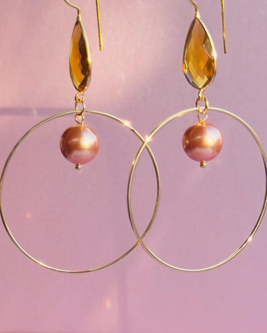 Sheri semi precious stone + soft pink crystal pearl drop earrings