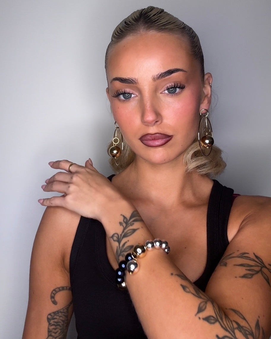 Snow drop gold, silver + navy crystal pearls bracelet, drop silver charm