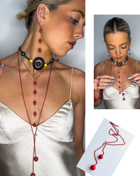 Lia Necklace in cherry red + drop red crystal Matt pearls