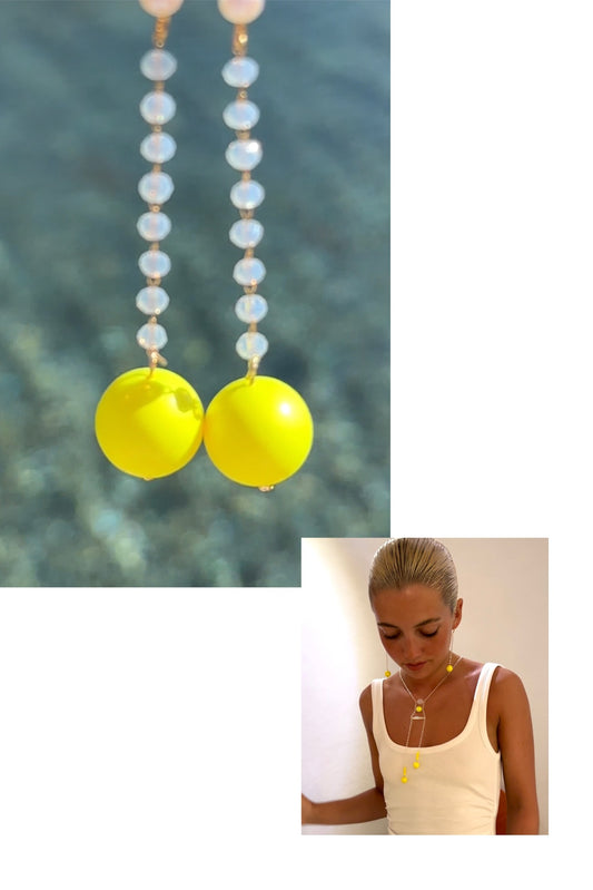 Lila white opal + neon yellow crystal pearl drop earrings