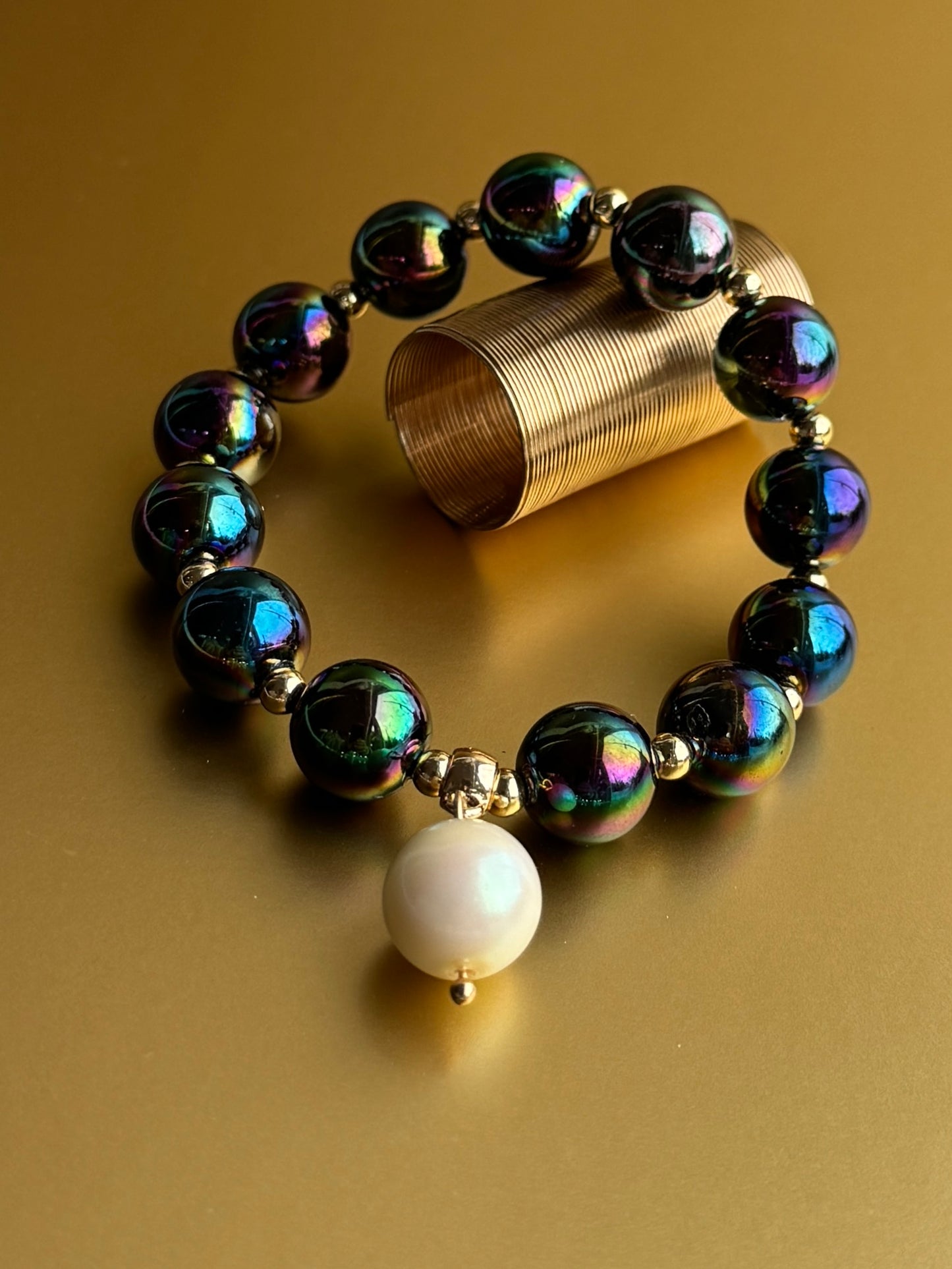 Beau starlight, gold, cream pearl charm bracelet