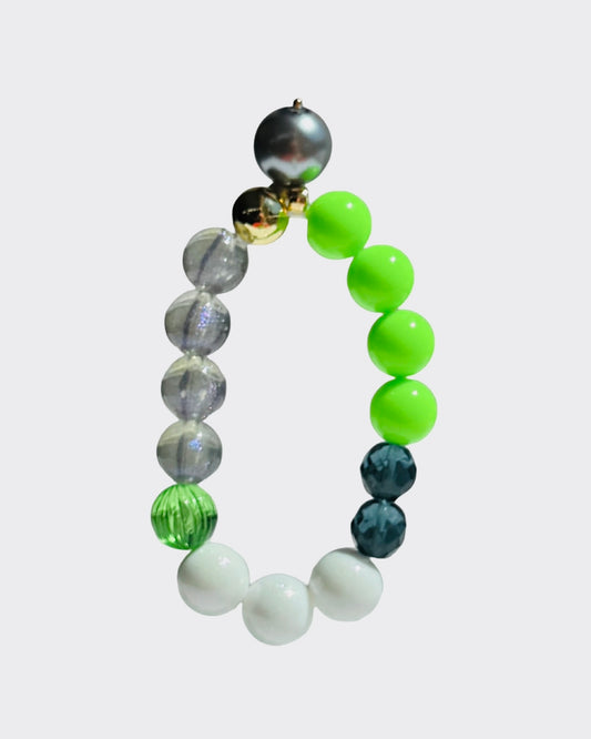 Juicy loop neon green bracelet crystals, beads, gold, pearl drop charm