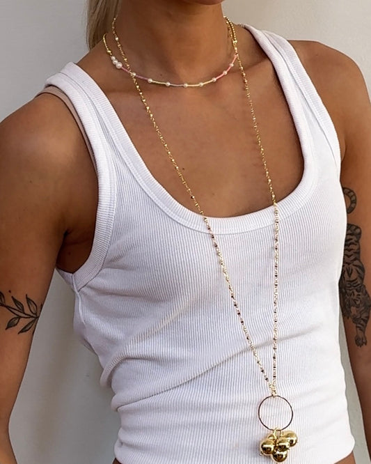 Gayle long drop gold beaded pendant necklace
