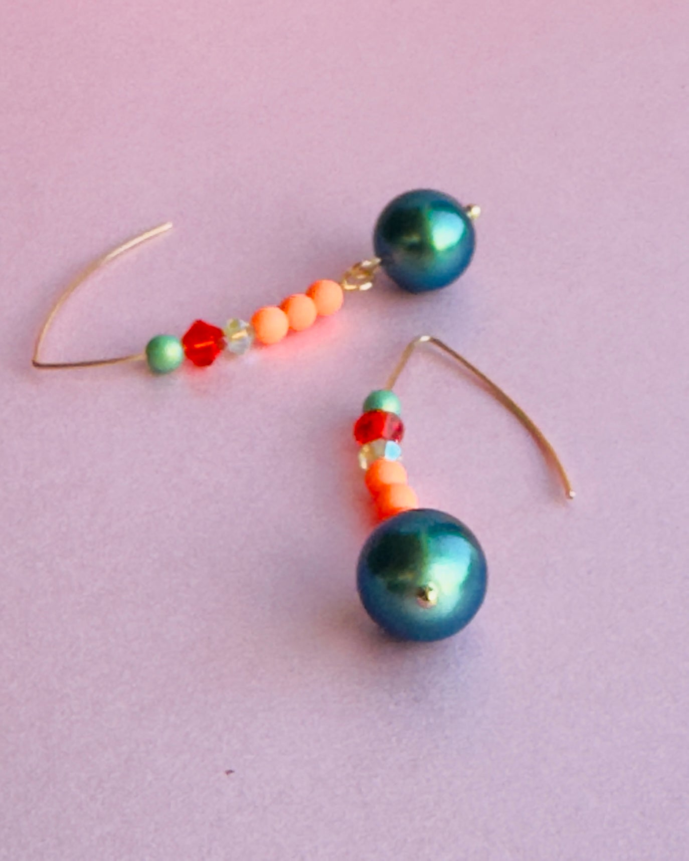 Kelly deep turquoise pearl + soft peach crystal drop earrings