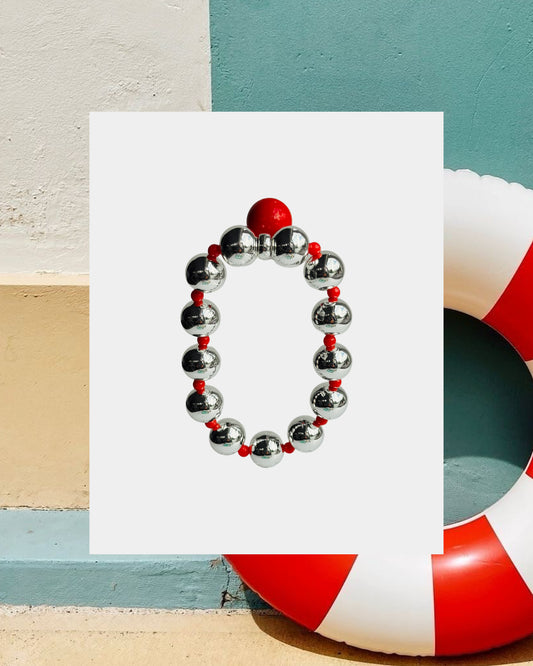 Pool party silver + deep orange, orange crystal pearl charm bracelet
