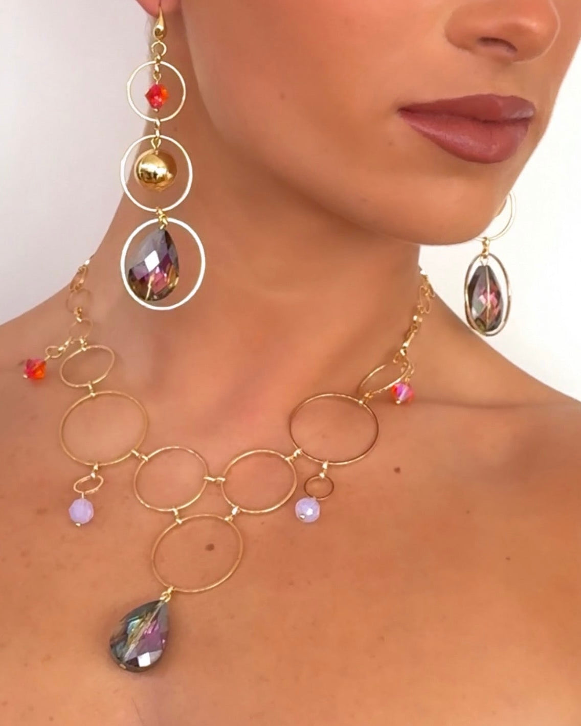 Selene gold  purple crush, orange crystal drop necklace