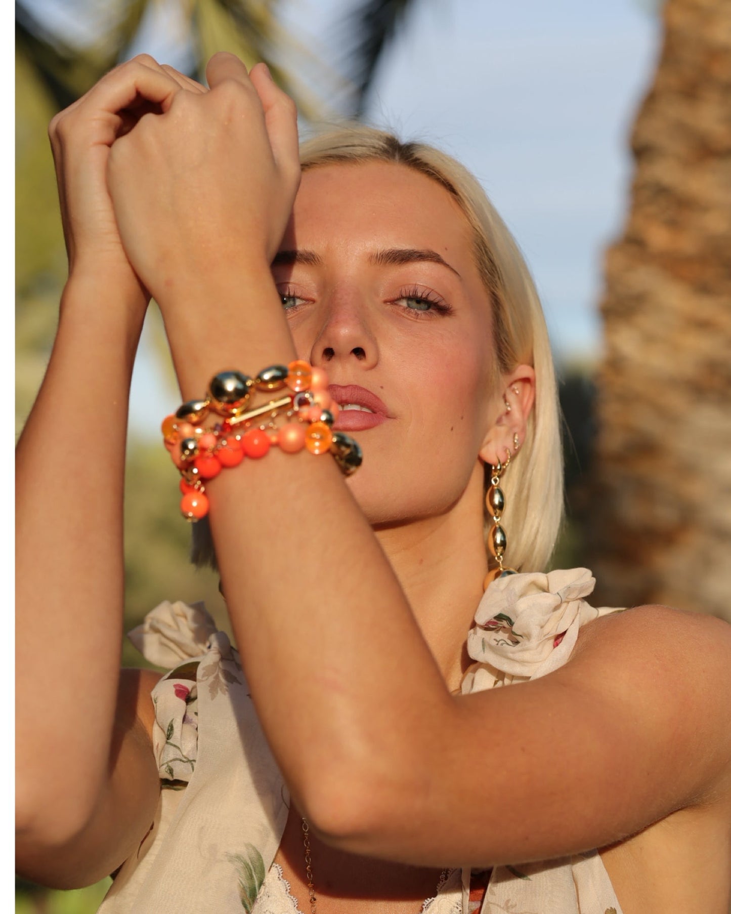 Pretty please neon orange crystal pearl, vintage, gold + lucite beaded bracelet