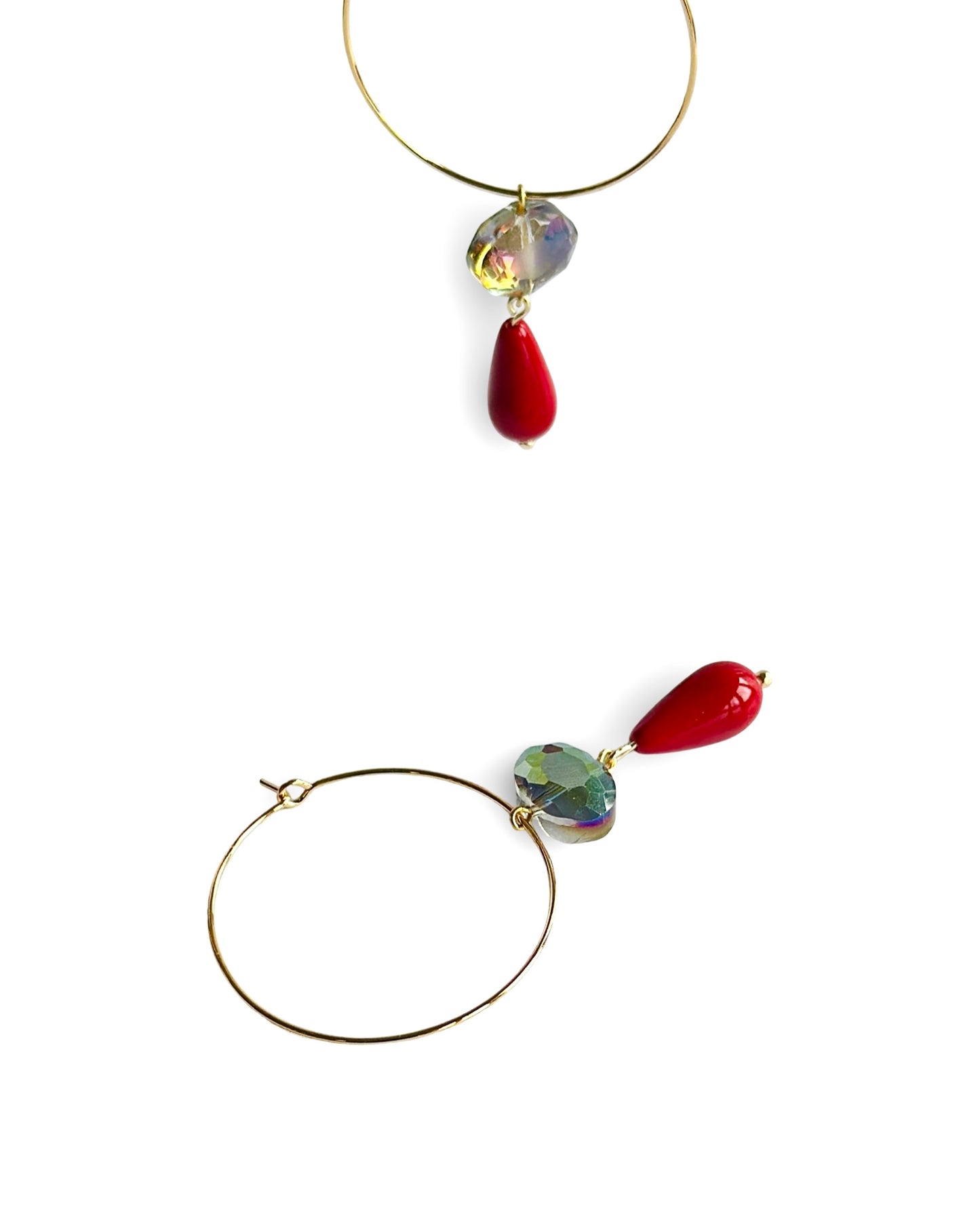 Red pearl + crystal drop hoop earrings