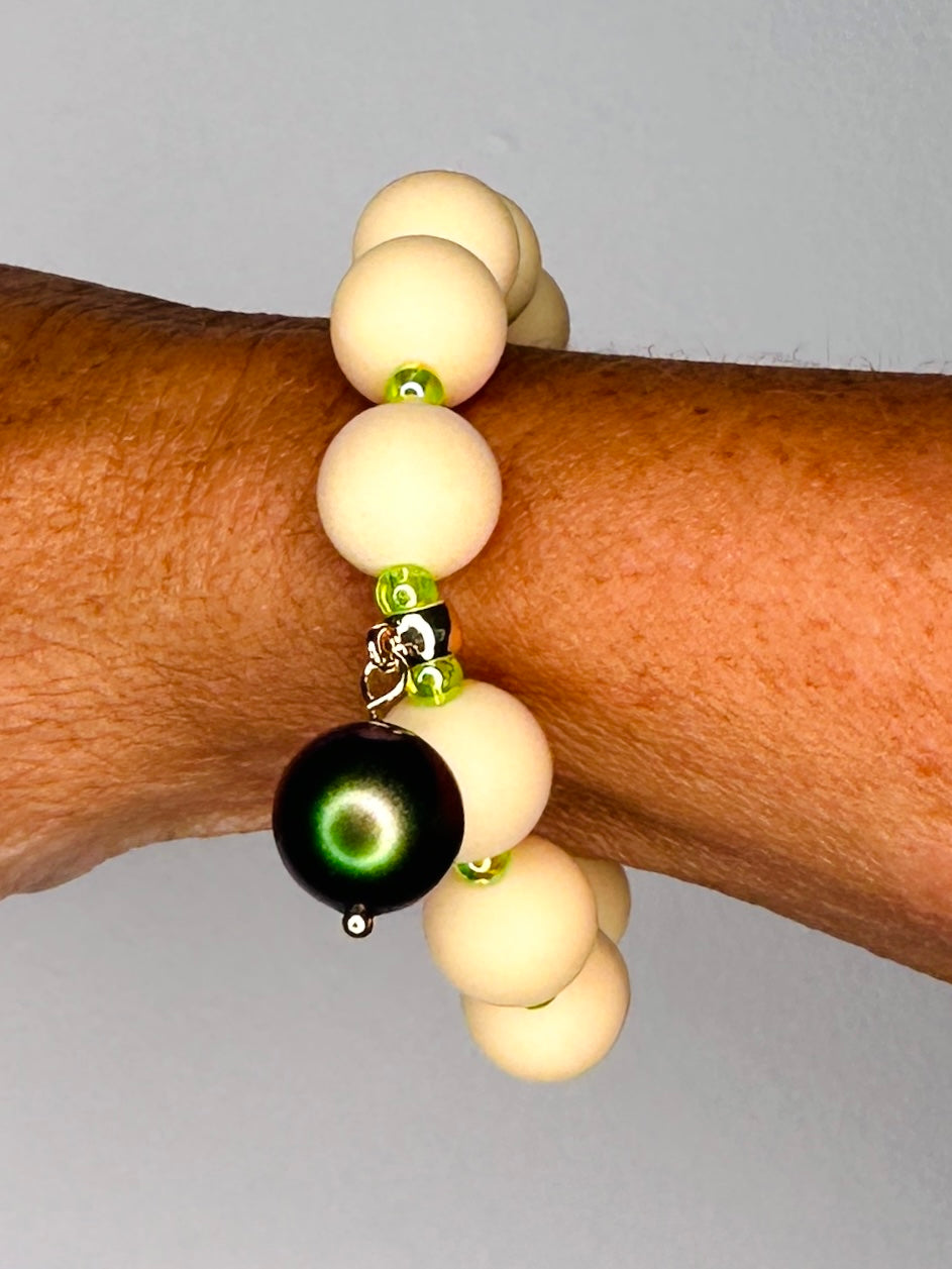 Beau vanilla + lime beaded bracelet, Austrian crystal drop charm