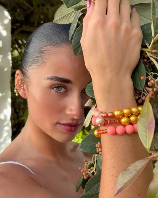 Golden crunch, peachy squeezy crystal, crystal pearl beaded bracelet, crystal pearl charm