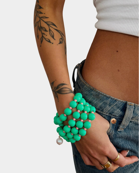 Beau French Green, dusty pink pearl bracelet soft pink pearl charm