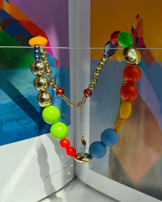 Play heart crystal, gold + vintage beaded necklace
