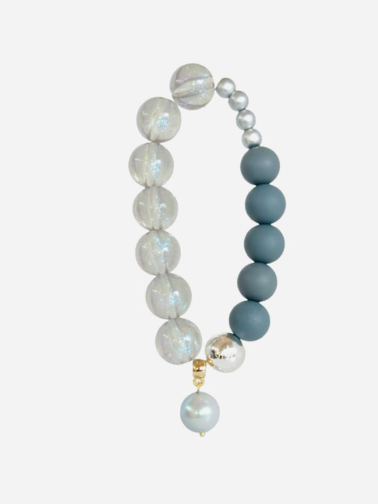 Cobalt grey, silver + iridescent grey beaded bracelet, drop crystal pearl charm