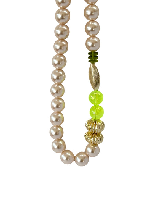 Petula softest pink crystal pearl, soft neon pop + gold necklace
